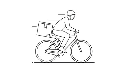 Fototapeta premium Minimalist line art drawing of delivery person on bicycle carrying cardboard box for fast courier service delivery.