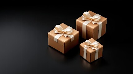 Fototapeta premium Elegant gift boxes with satin bows on a black background, perfect for celebrations, birthdays, holidays, and special occasions captured in a minimalistic style.