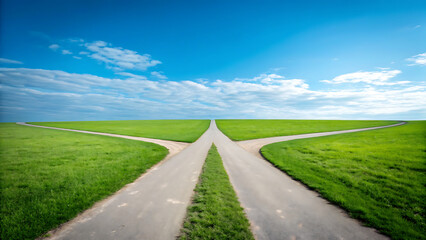 Naklejka premium A serene road splitting into two directions amidst a vast green field under a clear sky