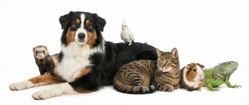 Australian Shepherd dog, cat, ferret, cockatiel, guinea pig, and iguana together, isolated on white