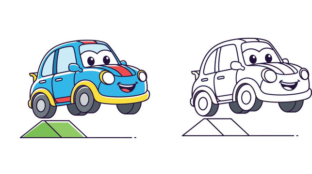 Cute cartoon blue race car character jumping over a ramp vector illustration with black and white outline for coloring book page, happy funny vehicle mascot isolated on white background.