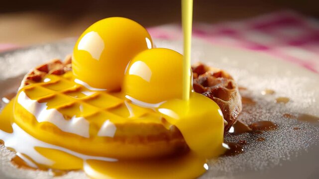 Freshly made waffle topped with ice cream and syrup served on a plate during breakfast time at a cozy cafe