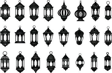 Obraz premium Collection of various intricately designed black silhouette arabic and ramadan style hanging lanterns for holiday decoration.