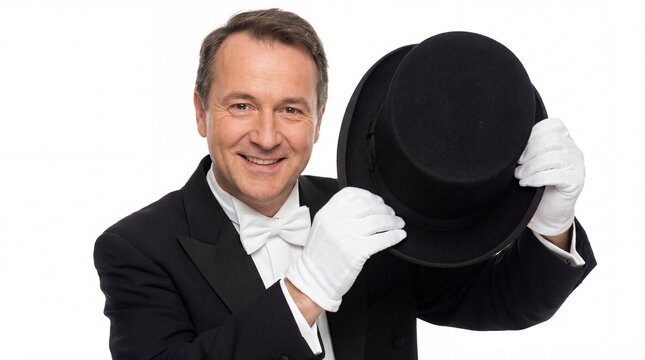 Magician performing classic hat trick studio photography white background close-up illusion and entertainment