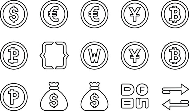 Set of currency icons including dollar euro yen bitcoin peso won money bags arrows