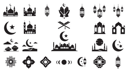 Collection of islamic symbols and elements representing ramadan and muslim culture in simple black silhouettes on white background