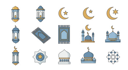 Islamic religious symbols and elements collection for cultural and spiritual designs and graphics in blue gold and white