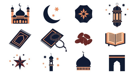 Islamic themed icons including mosques, prayer mats, and crescent moons in various designs for Ramadan or Eid celebrations worldwide.
