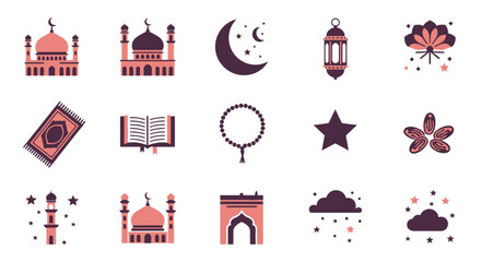 Collection of islamic symbols and elements set including mosques prayer mats and religious icons in flat design style