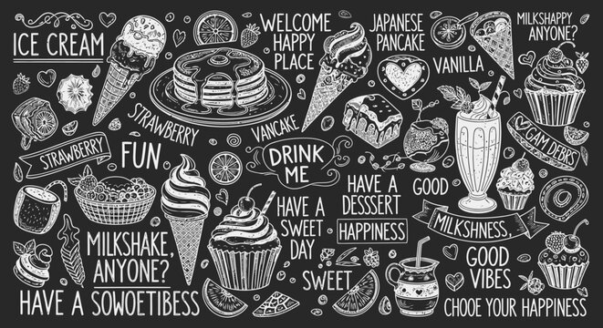 A chalk-style illustration featuring a variety of sweet treats like ice cream, pancakes, cupcakes, and milkshakes, with inspirational quotes about happiness and desserts.