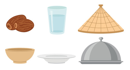 Collection of various kitchen utensils and ingredients including bowls plates and a glass of water together displayed