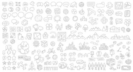 A comprehensive collection of hand-drawn doodle icons representing various concepts and elements, including business, nature, and abstract ideas.