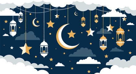 Beautiful islamic ramadan kareem greeting card with crescent moon stars and lanterns hanging from clouds in night sky.