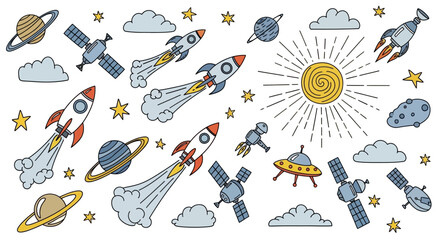 A whimsical collection of cartoon-style space elements including rockets, planets, satellites, stars, clouds, and a sun. © Elsa
