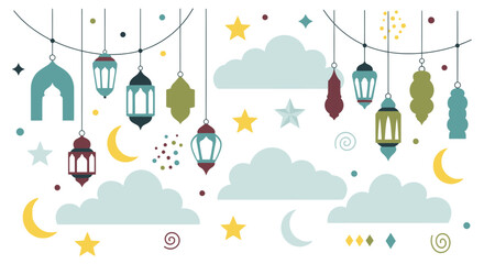 Beautiful festive illustration of ramadan kareem lanterns and ornaments hanging from strings surrounded by clouds and stars