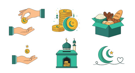 Islamic charity and generosity concept featuring coins, food, and mosque with crescent moon symbolizing kindness and giving during ramadan.