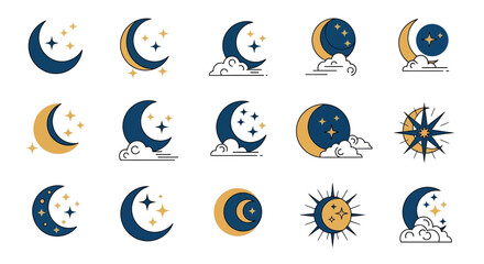 Collection of celestial body icons featuring moon phases and stars in blue and yellow on white background illustration