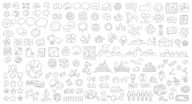 A comprehensive collection of hand-drawn doodle icons representing various concepts and elements, including business, nature, and abstract ideas.