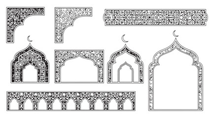 Collection of ornate islamic archway frames and decorative elements for design and cultural heritage purposes beautifully illustrated.