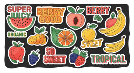 A vibrant collection of fruit stickers featuring bananas, apples, berries, watermelon, peaches, and oranges with playful text.
