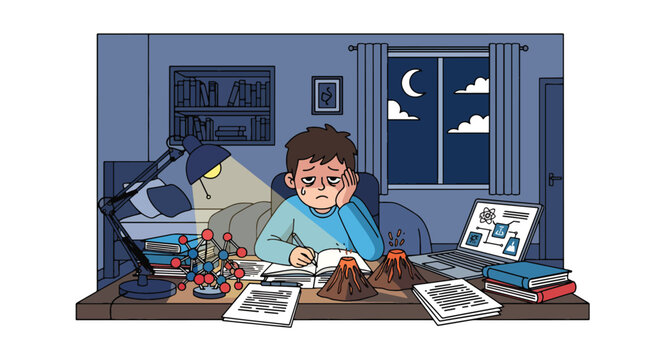 Tired student preparing science project late at night under desk lamp, surrounded by papers and models, showing deadline stress, study fatigue, and academic burnout