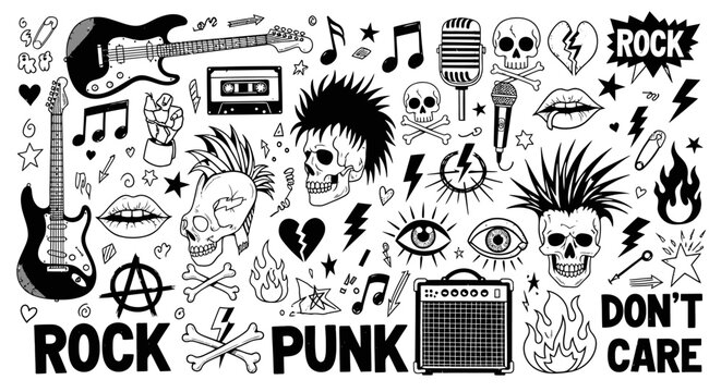 A collection of hand-drawn illustrations representing rock and punk music culture, including guitars, skulls, microphones, and musical notes.