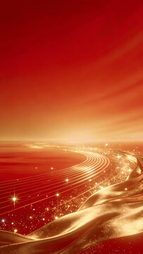 Golden Ribbons and Sparkling Star Trails on Red Background