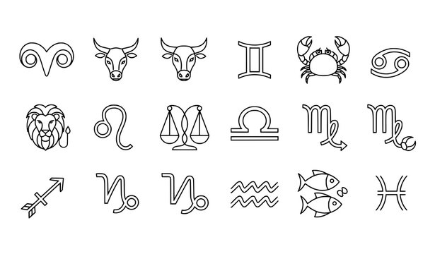 Minimal Zodiac Sign Line Icons Set Vector Astrology Symbols Collection Isolated on White