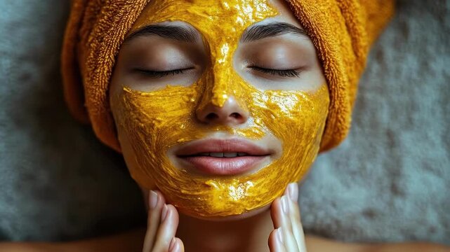 Young caucasian woman relaxing with turmeric face mask and towel head wrap