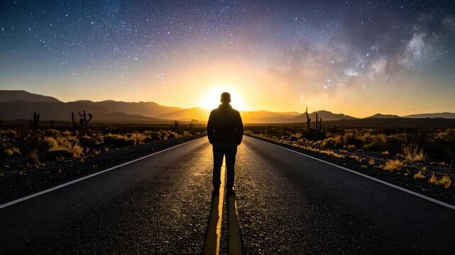 A person stands on a road facing the sunset under a starry night