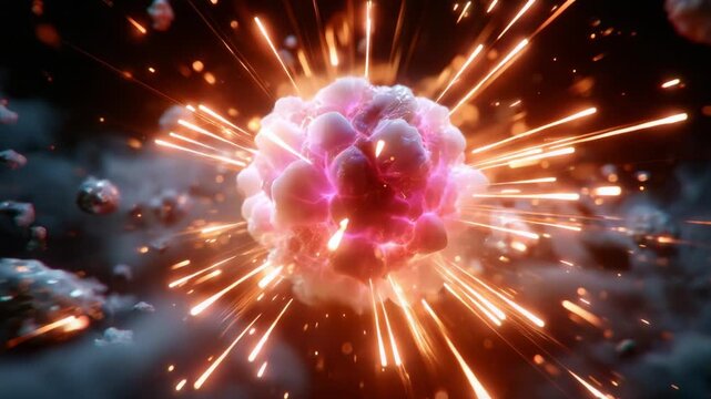 An explosive visualization of a molecular reaction, showcasing vibrant bursts of energy and dynamic particles, illustrating the power and complexity of atomic interactions in vivid detail.