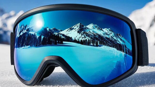Reflective ski goggles capturing snowy mountain scenery in bright sunlight