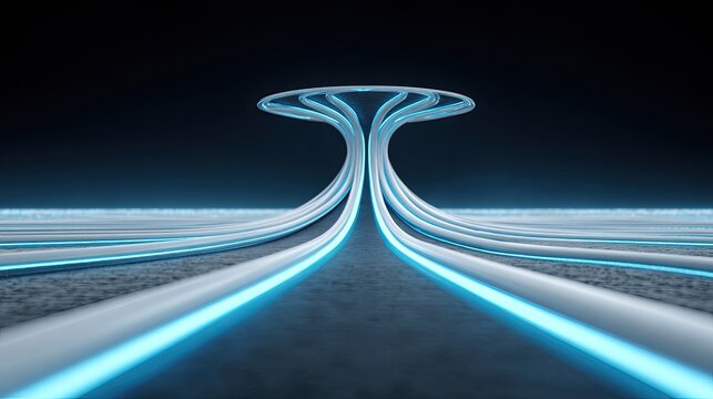 Abstract futuristic landscape with glowing blue lines forming a unique road design on a dark background, showcasing modern technology and innovation