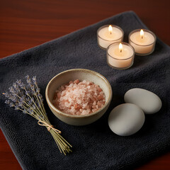 Spa Relaxation Pink Salt Scrub, Lavender, Candles, and Smooth Stones on Dark Towel