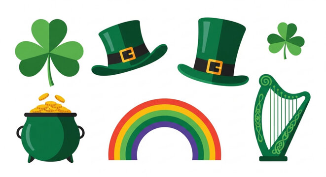 St patrick's day icons including leprechaun hats shamrocks pot of gold rainbow and harp on white background