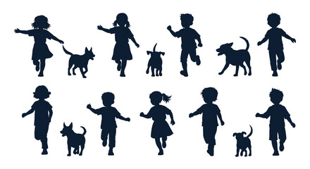Obraz premium A collection of playful children and pets in dynamic poses rendered as dark silhouettes on transparent background high quality professional detailed