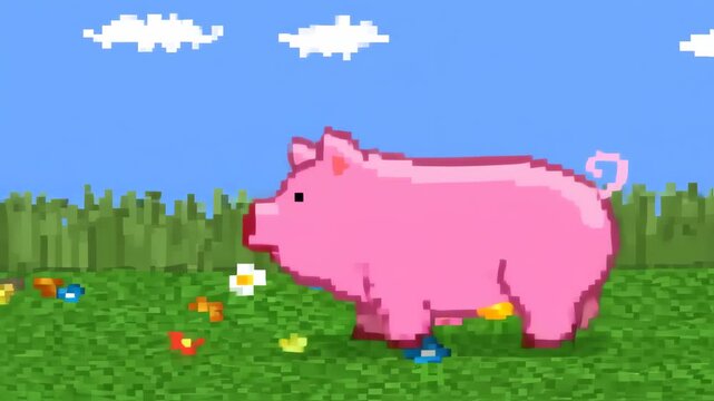 pixel art style pink pig walking on green grass