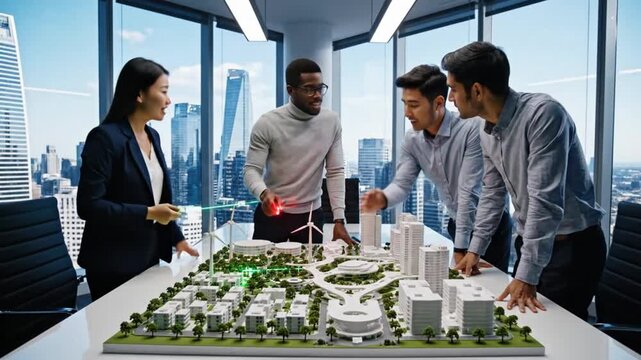 Architects Collaborating Over Detailed Urban Model In Office.