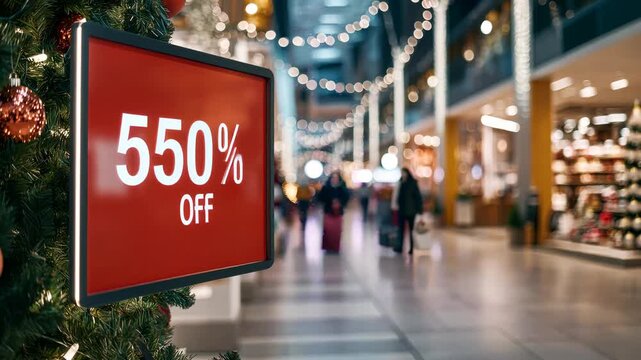 Holiday shopping spree with eyecatching discount sign in bustling mall