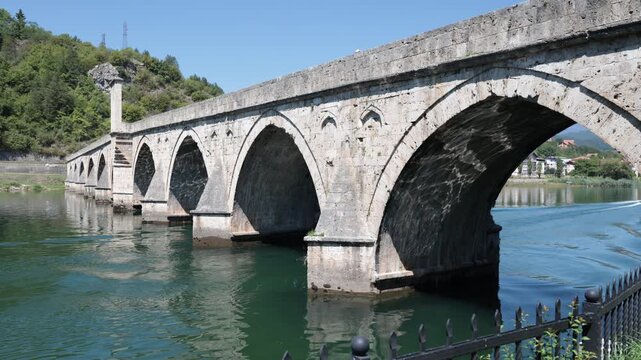 View of Mehmed Pasa Sokolovic Bridge in Visegrad, Bosnia and Herzegovina
