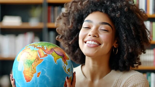 Joyful exploration with a globe in a cozy library setting