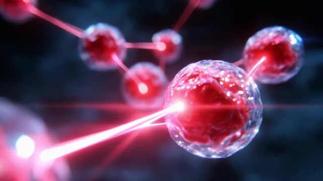 A Dynamic Representation of Microscopic Cellular Interactions: An Exploration of Radiant Red Cells Communicating Through Energy Transfers in a Mystical Dark Background, Showcasing the Intricacies of