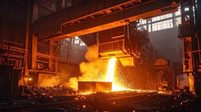 Molten metal pouring into a receiving basin in a large industrial factory