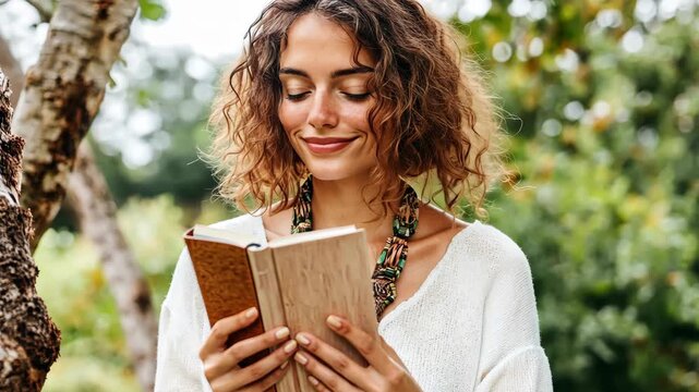 Woman reading book outdoors amidst greenery with calm expressions