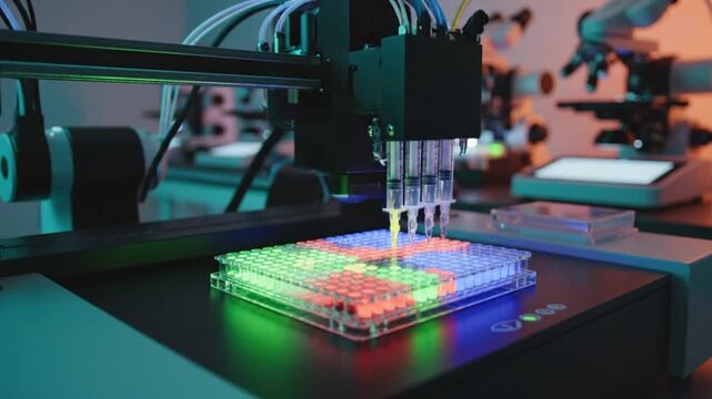 Automated Multichannel Pipetting Robot Dispensing Fluorescent Reagents Into Microplate.