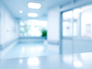 Blurred interior background of hospital corridor with bright lighting and clean surface
