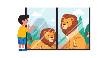 Young boy watching lions through glass wall in safari zone with rocks and plants, showing curiosity, wildlife discovery, and educational zoo tourism in modern flat vector illustration © Amie