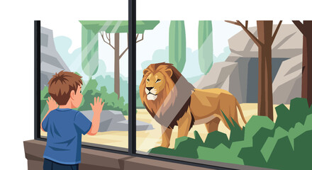 Young boy watching lions through glass wall in safari zone with rocks and plants, showing curiosity, wildlife discovery, and educational zoo tourism in modern flat vector illustration © Amie