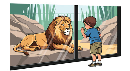 Young boy watching lions through glass wall in safari zone with rocks and plants, showing curiosity, wildlife discovery, and educational zoo tourism in modern flat vector illustration © Amie