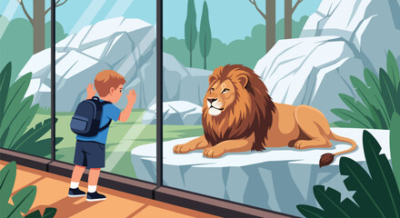 Young boy watching lions through glass wall in safari zone with rocks and plants, showing curiosity, wildlife discovery, and educational zoo tourism in modern flat vector illustration © Amie